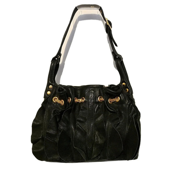 WOMEN'S Be & D HOBO SHOULDER BAG BLACK LEATHER WITH RUFFLES AND CHAIN MADE USA - Picture 1 of 9